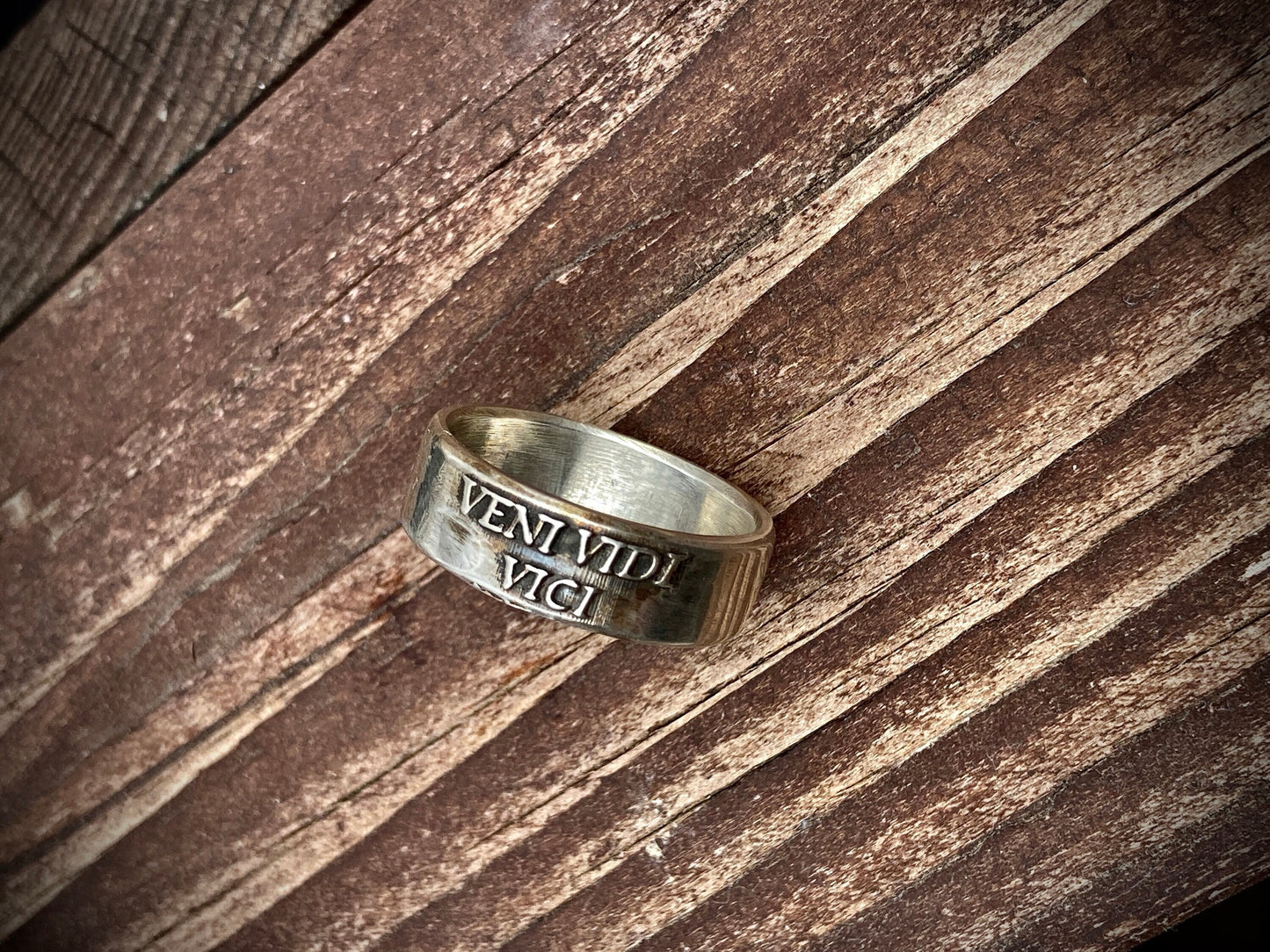 Sterling Silver Veni Vidi Vici Ring – Handmade Latin Victory Band for Men & Women | Backwoods Casting