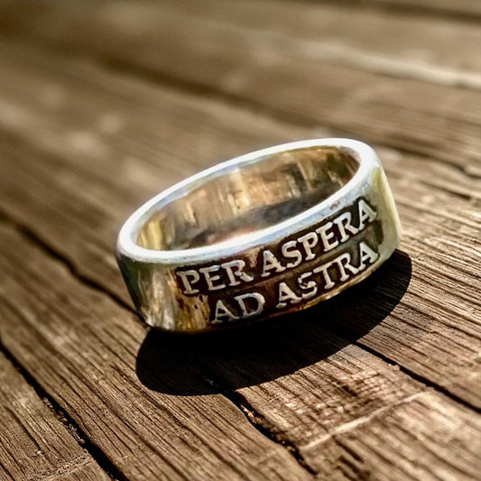 Per Aspera Ad Astra Wide Sterling Silver Band Ring