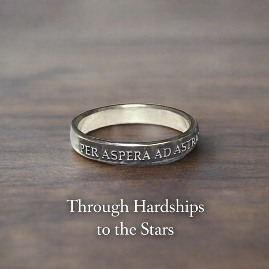 Handmade Per Aspera Ad Astra sterling silver ring with raised antiqued lettering