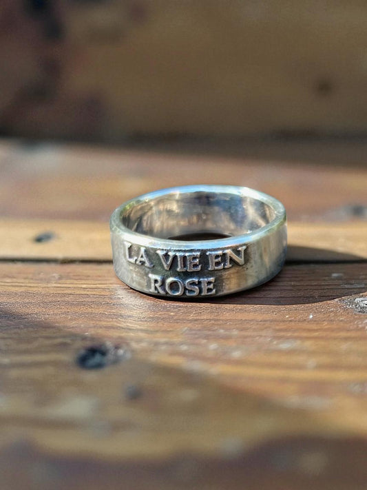 Sterling Silver “La Vie en Rose” Ring – Handmade French Love Quote Jewelry for Men & Women | Backwoods Casting