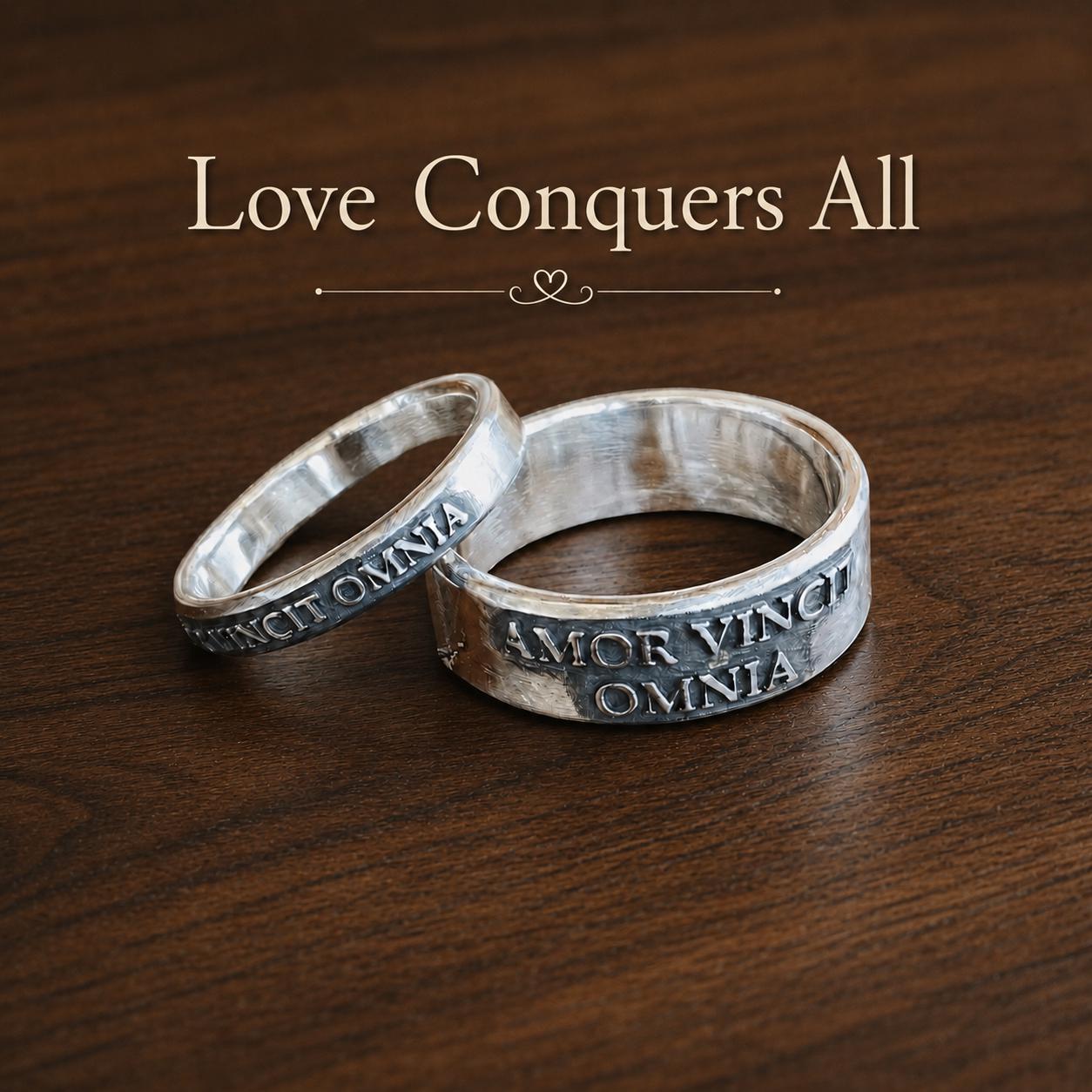 Amor Vincit Omnia sterling silver couples ring set