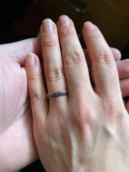 Amor Vincit Omnia thin sterling silver ring, detail view 6