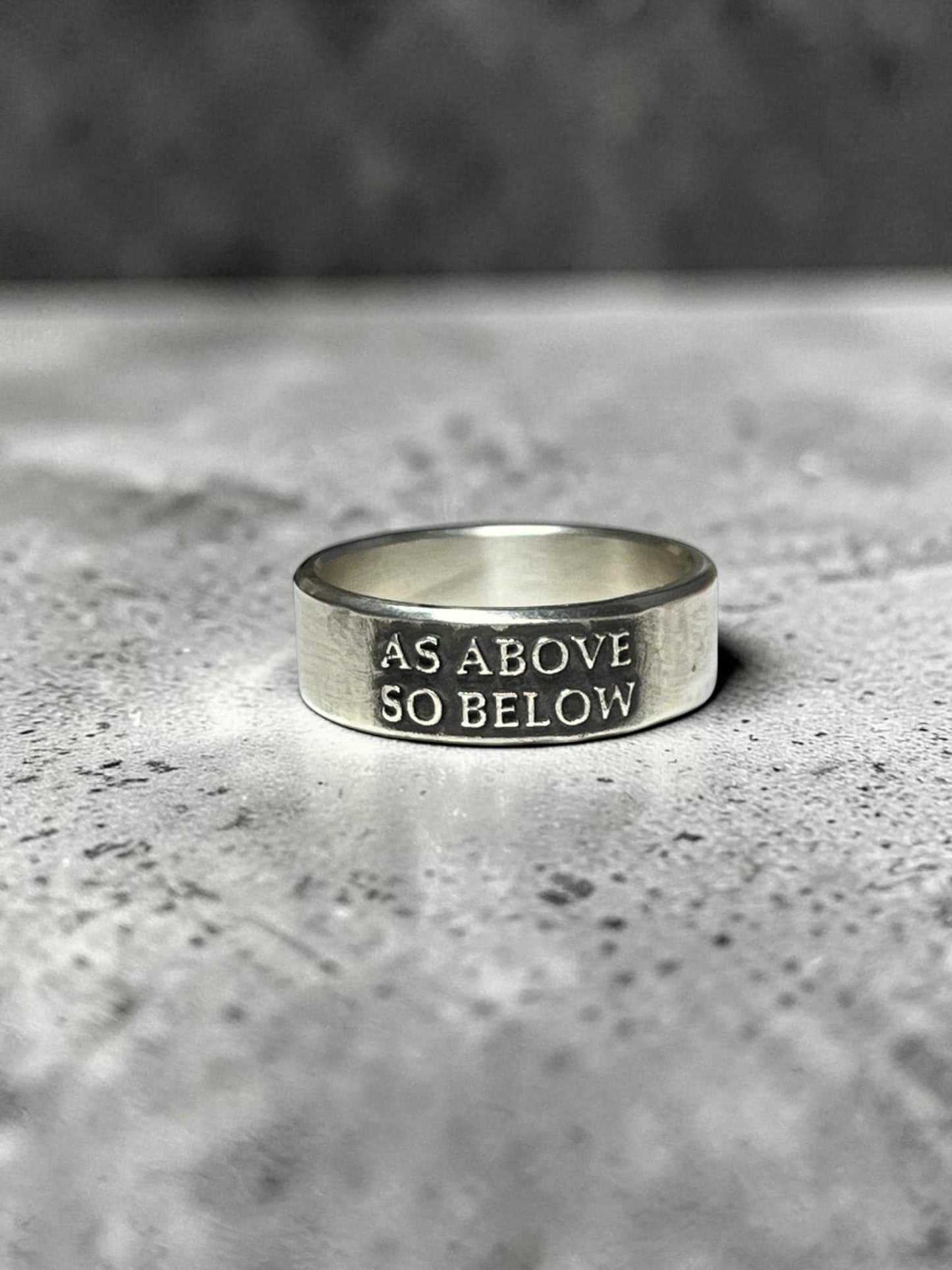 As Above So Below wide sterling silver ring with raised lettering