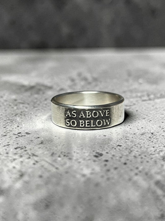 As Above So Below wide sterling silver ring with raised lettering