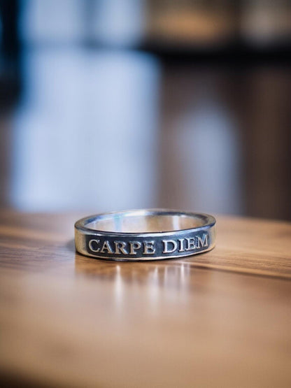 Carpe Diem thin sterling silver ring with raised lettering