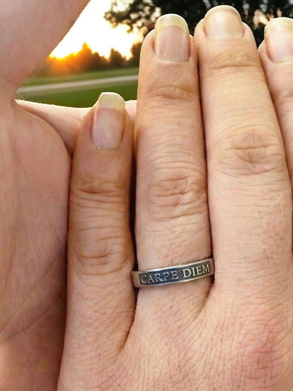 Carpe Diem thin sterling silver ring, detail view 3