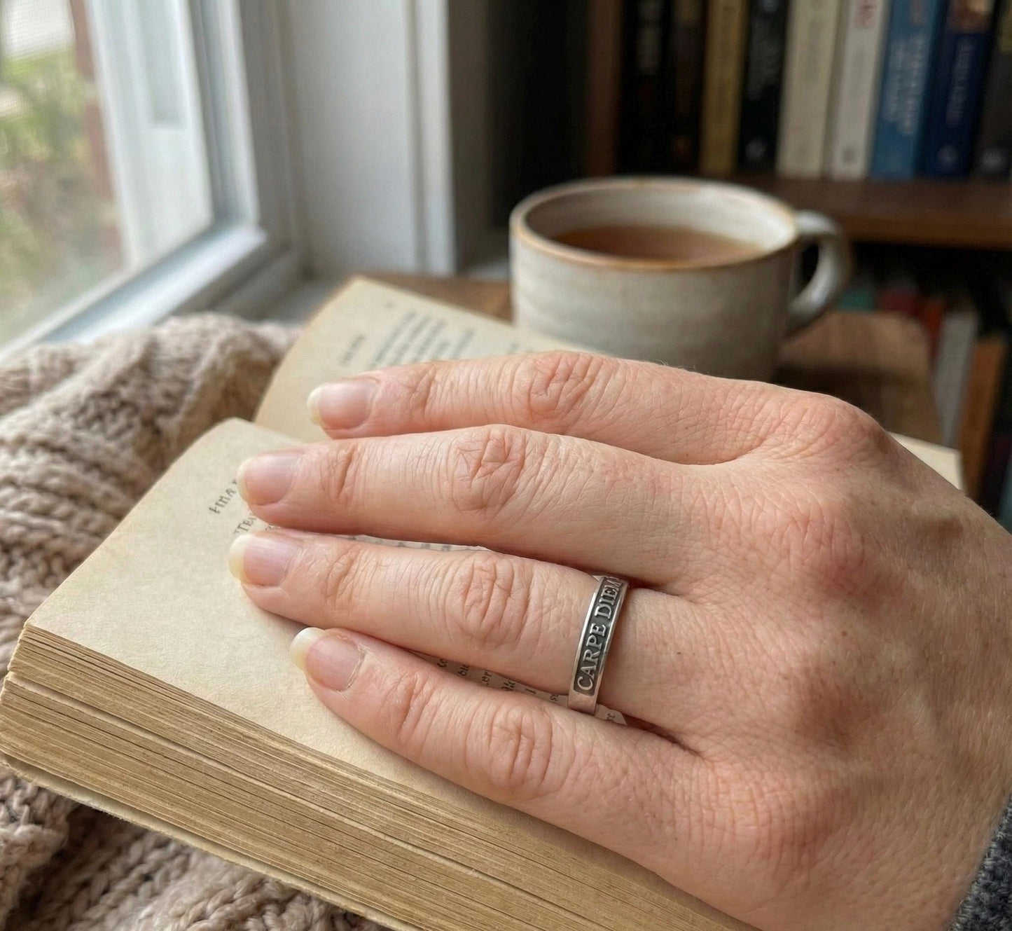 Carpe Diem thin sterling silver ring, detail view 5