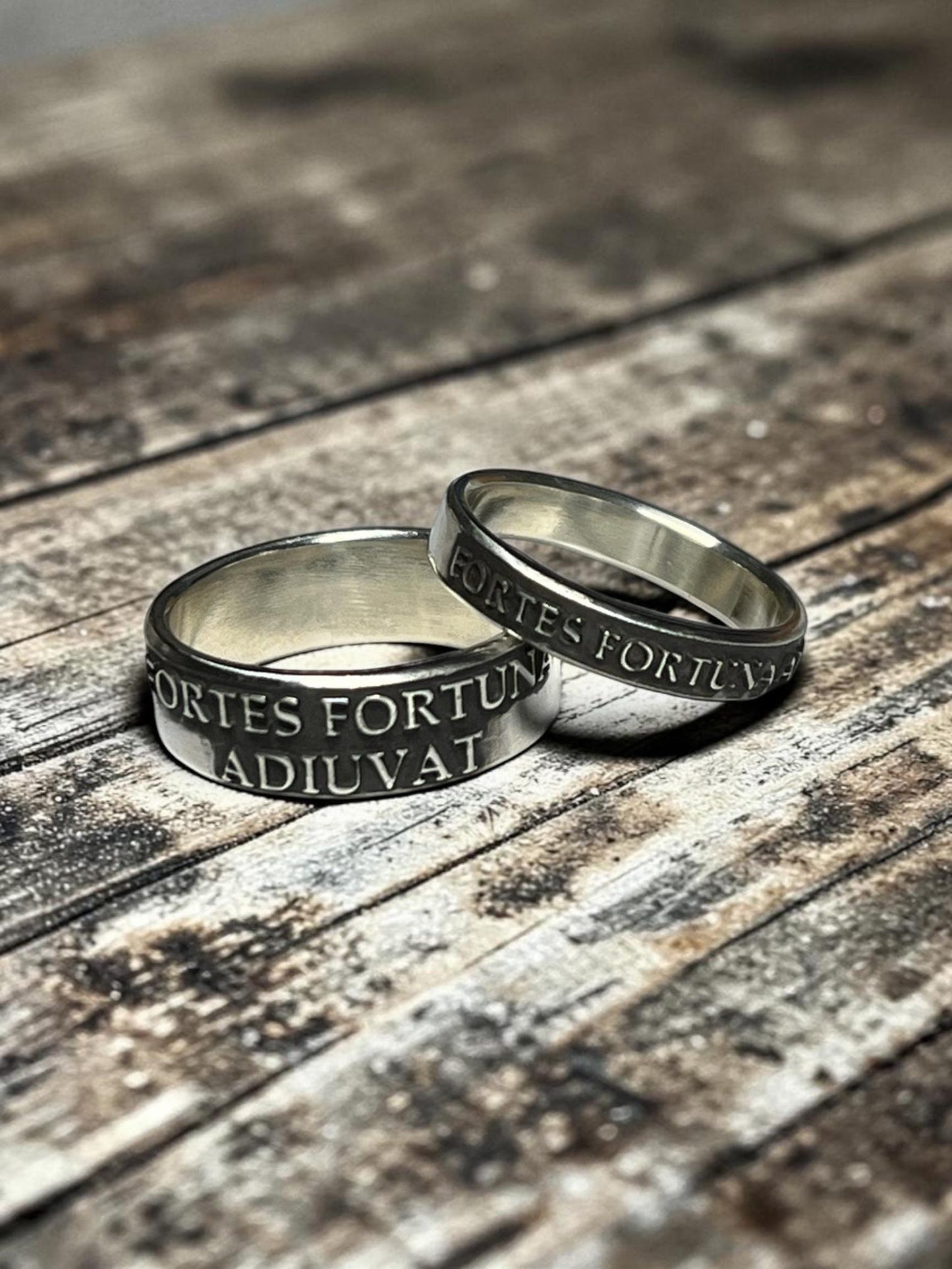 Matching Fortes Fortuna Adiuvat sterling silver couples rings