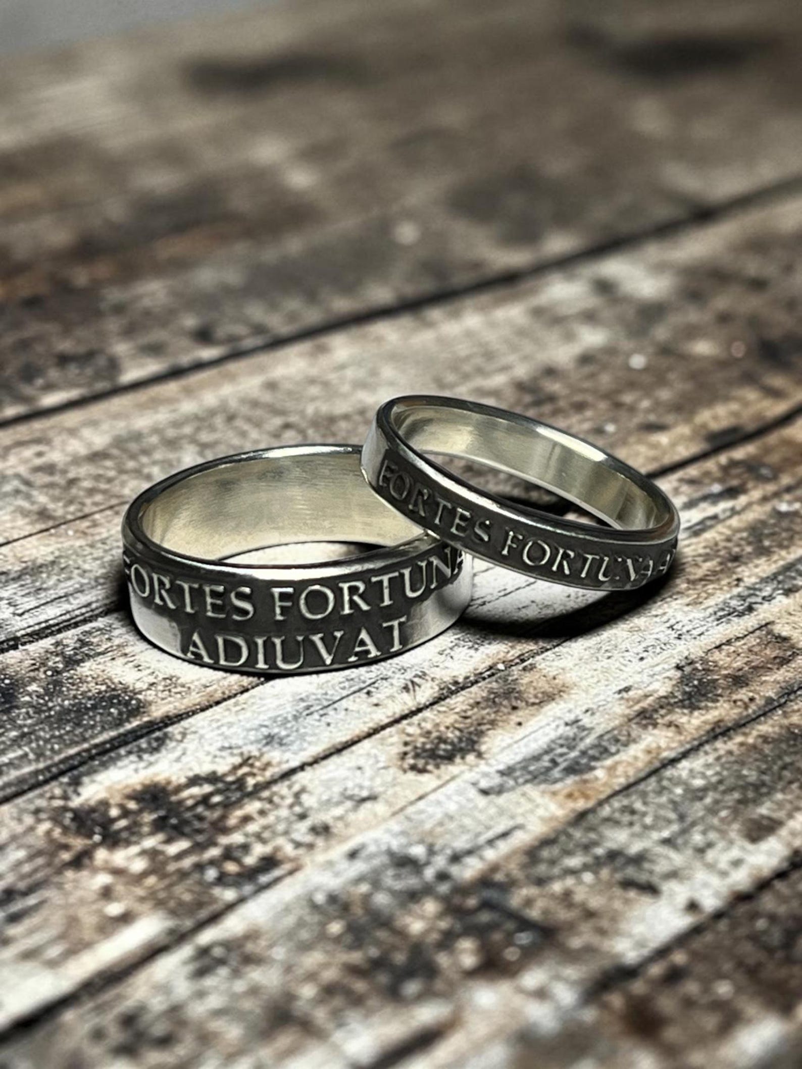 Matching Fortes Fortuna Adiuvat sterling silver couples rings