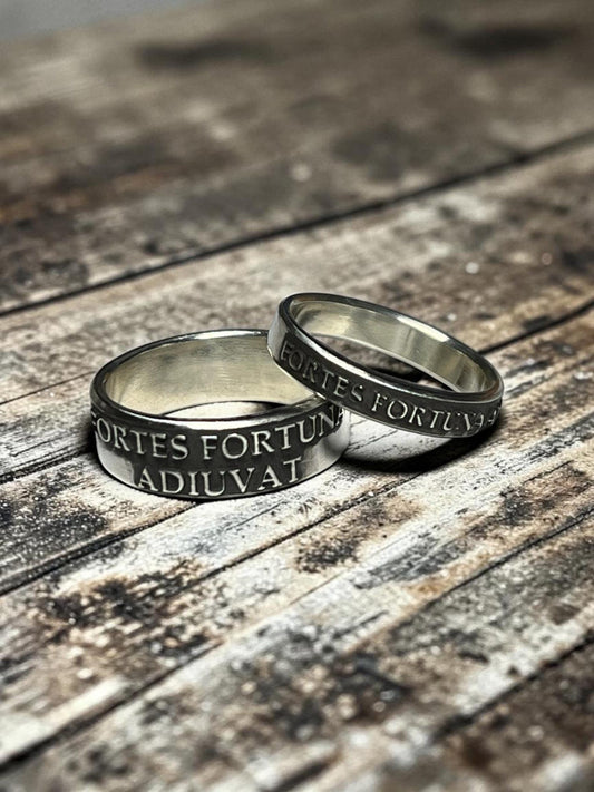 Matching Fortes Fortuna Adiuvat sterling silver couples rings