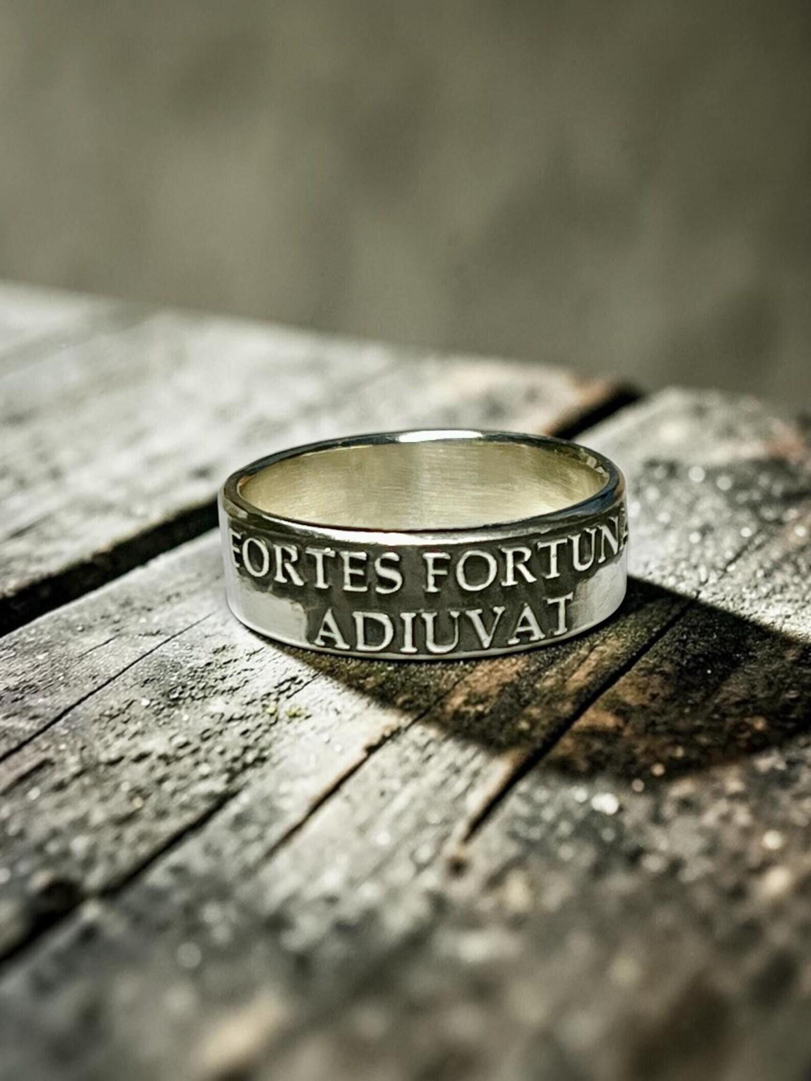 Wide antiqued Fortes Fortuna Adiuvat ring with raised lettering