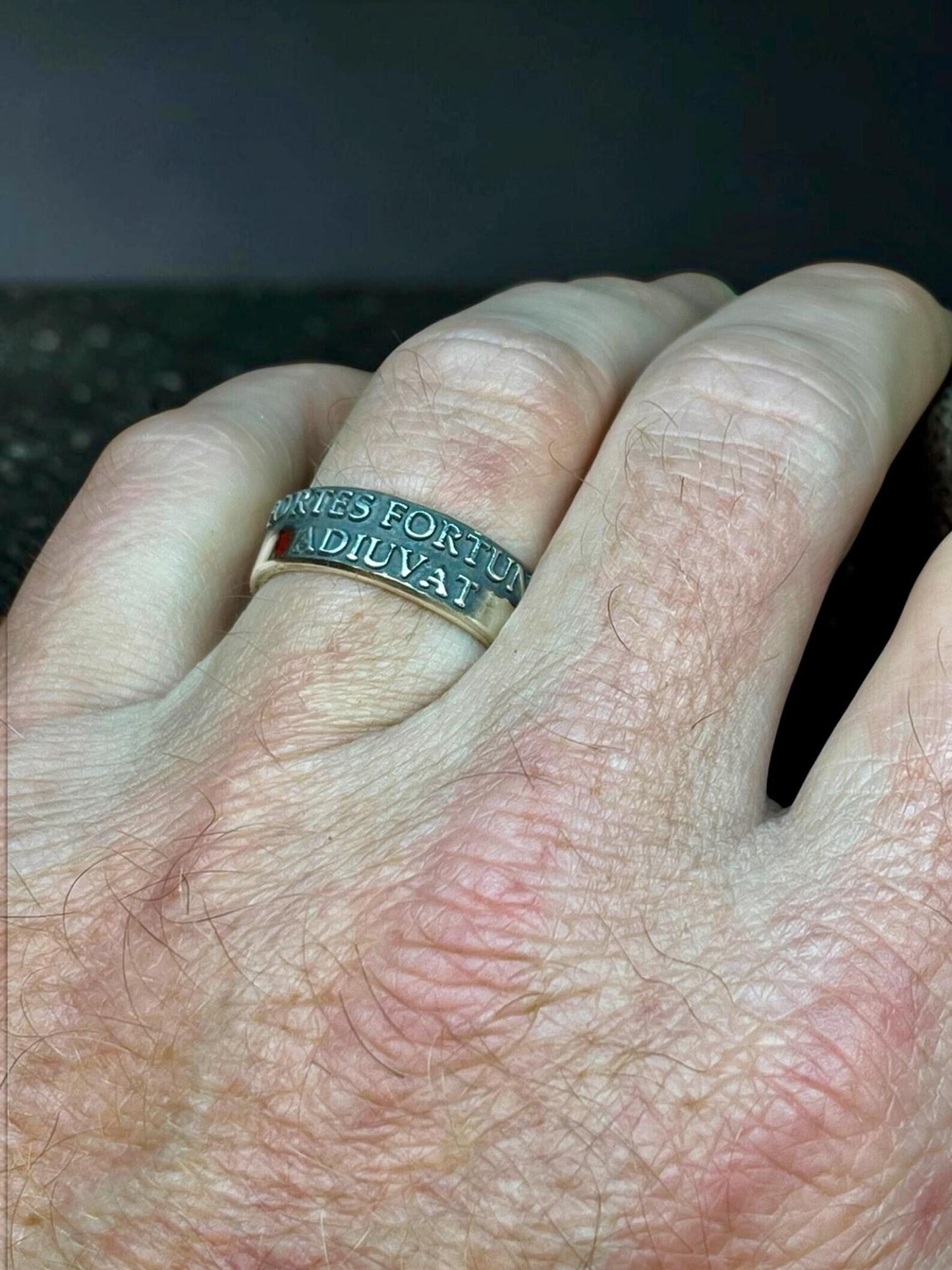 Dark antiqued Fortes Fortuna Adiuvat sterling silver band