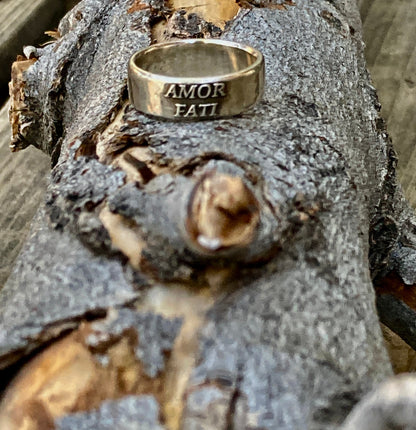 Men’s Sterling Silver Amor Fati Ring – Handmade Latin Stoic Band | Backwoods Casting
