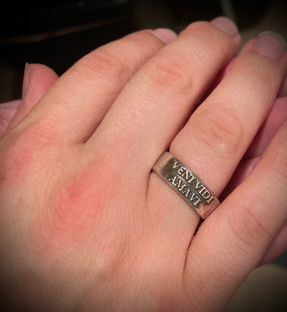 Sterling Silver Veni Vidi Amavi Ring – Handmade Latin Love Band for Men & Women | Backwoods Casting