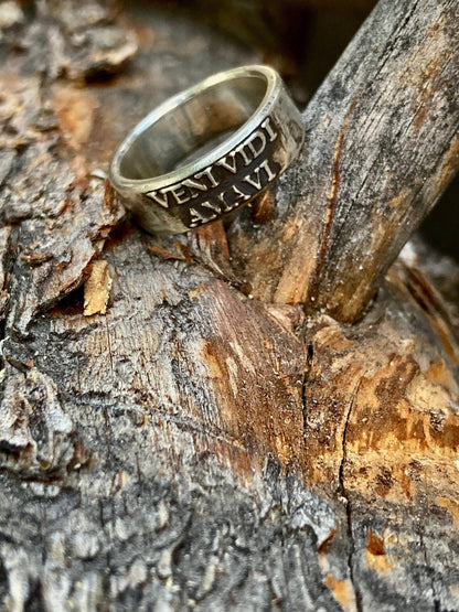 Sterling Silver Veni Vidi Amavi Ring – Handmade Latin Love Band for Men & Women | Backwoods Casting