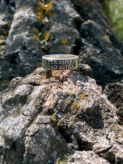 Sterling Silver Per Aspera Ad Astra Ring – Handmade Latin Inspirational Band for Men & Women | Backwoods Casting