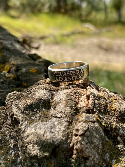 Sterling Silver Per Aspera Ad Astra Ring – Handmade Latin Inspirational Band for Men & Women | Backwoods Casting