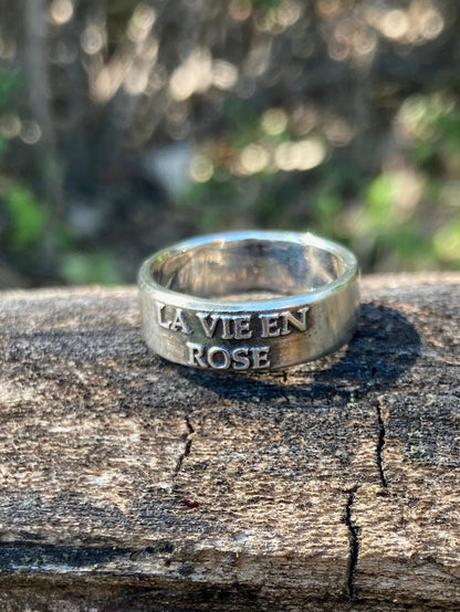 Sterling Silver “La Vie en Rose” Ring – Handmade French Love Quote Jewelry for Men & Women | Backwoods Casting