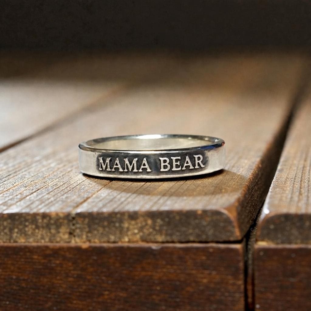 Mama Bear sterling silver ring with raised lettering