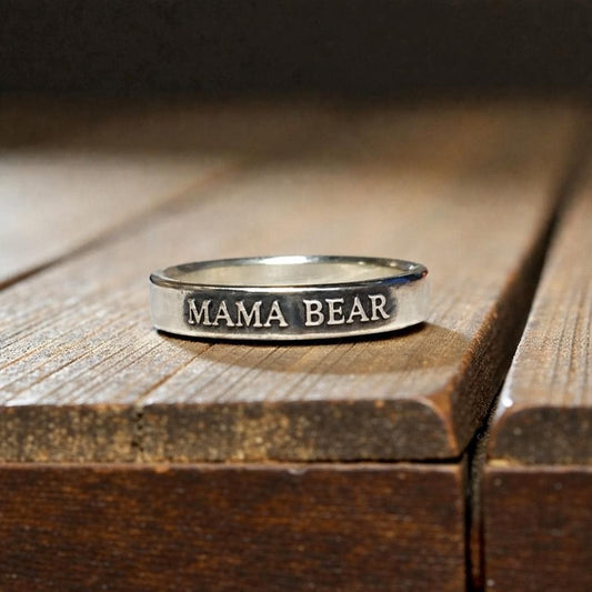 Mama Bear sterling silver ring with raised lettering