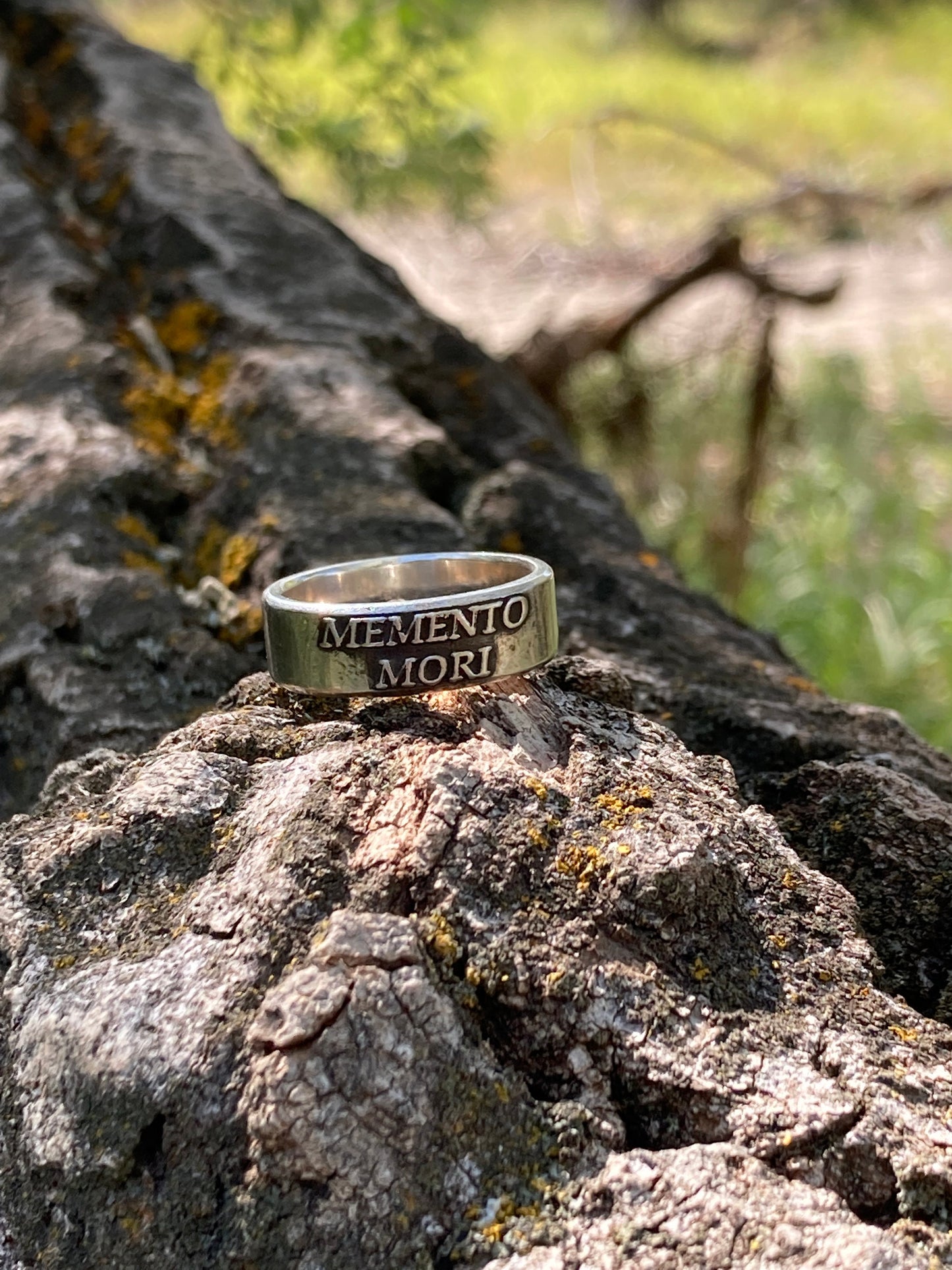 Memento Mori ring on natural wood