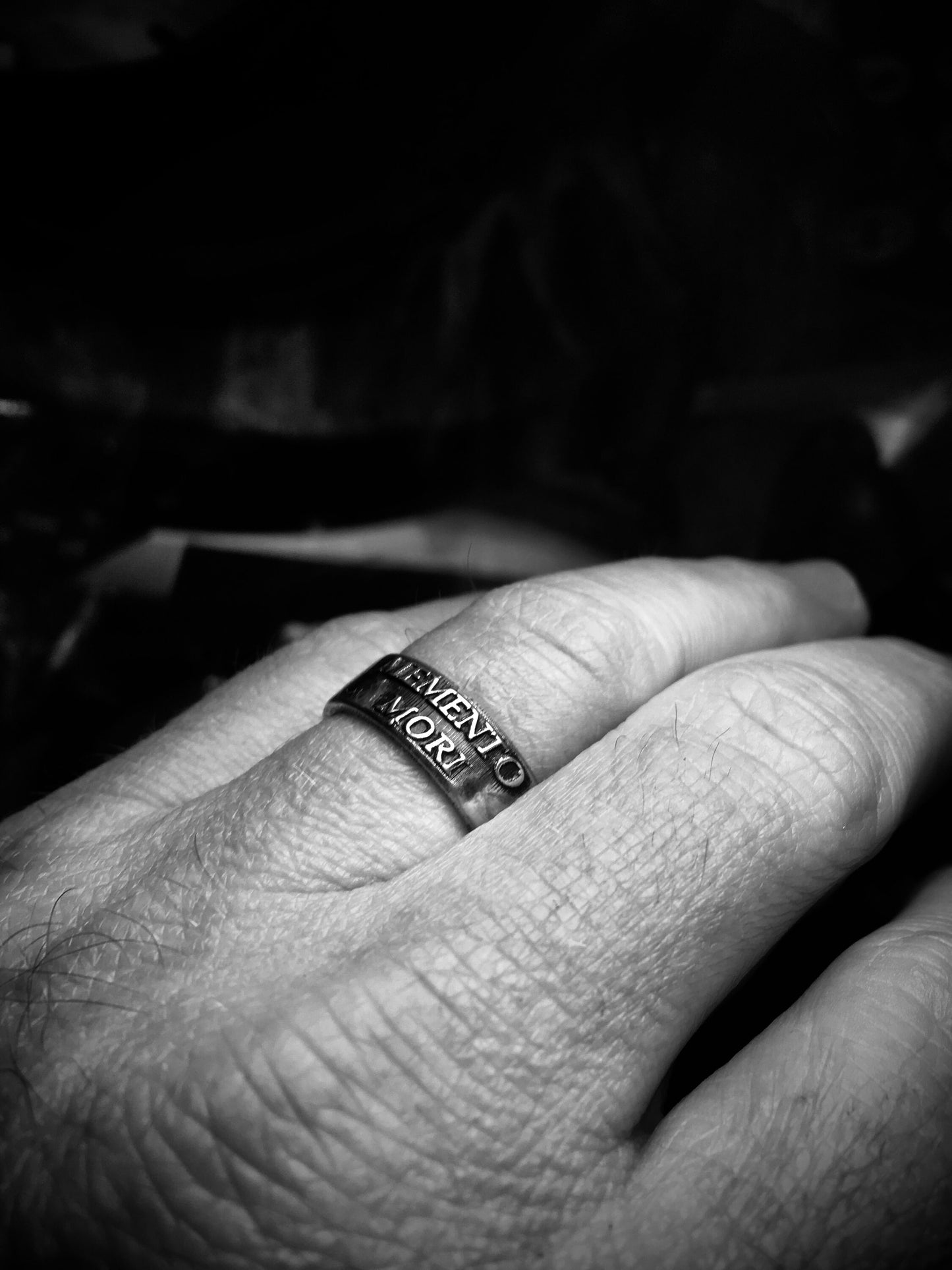 Memento Mori raised lettering ring