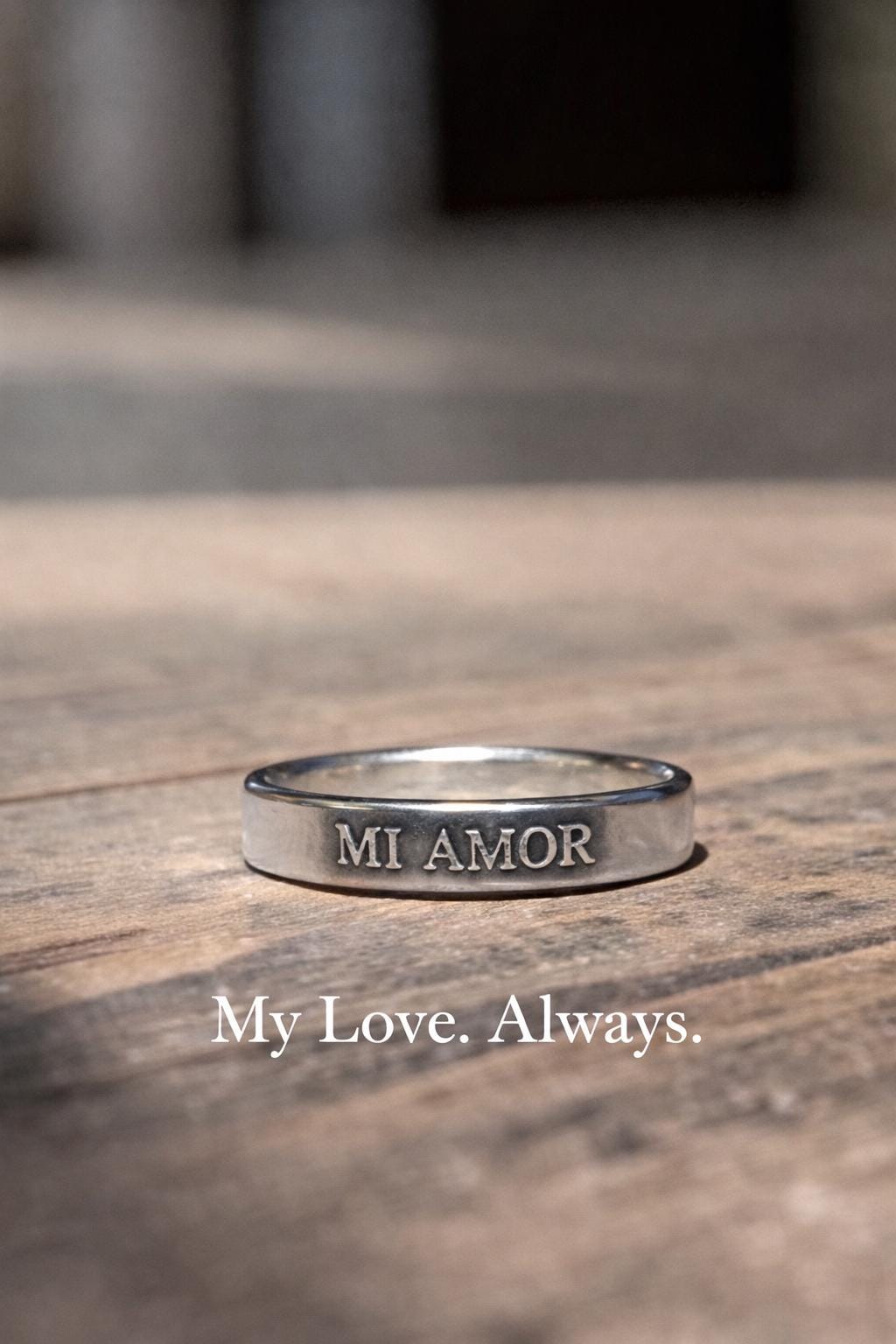 Mi Amor thin sterling silver ring with raised lettering