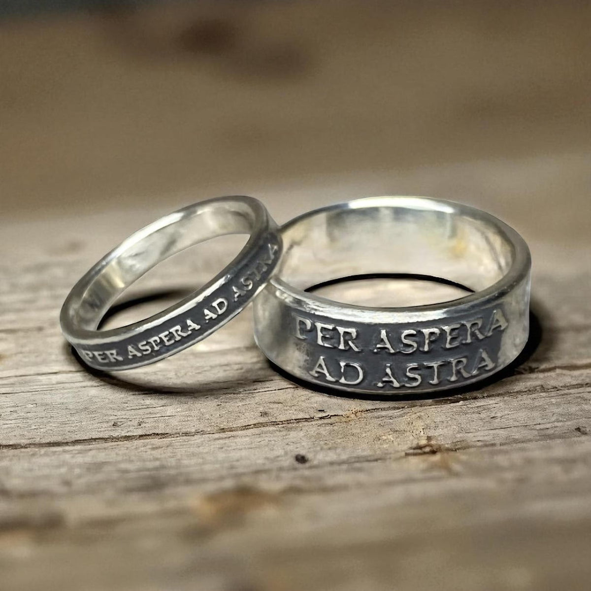 Per Aspera Ad Astra sterling silver couples ring set with one thin band and one wide band