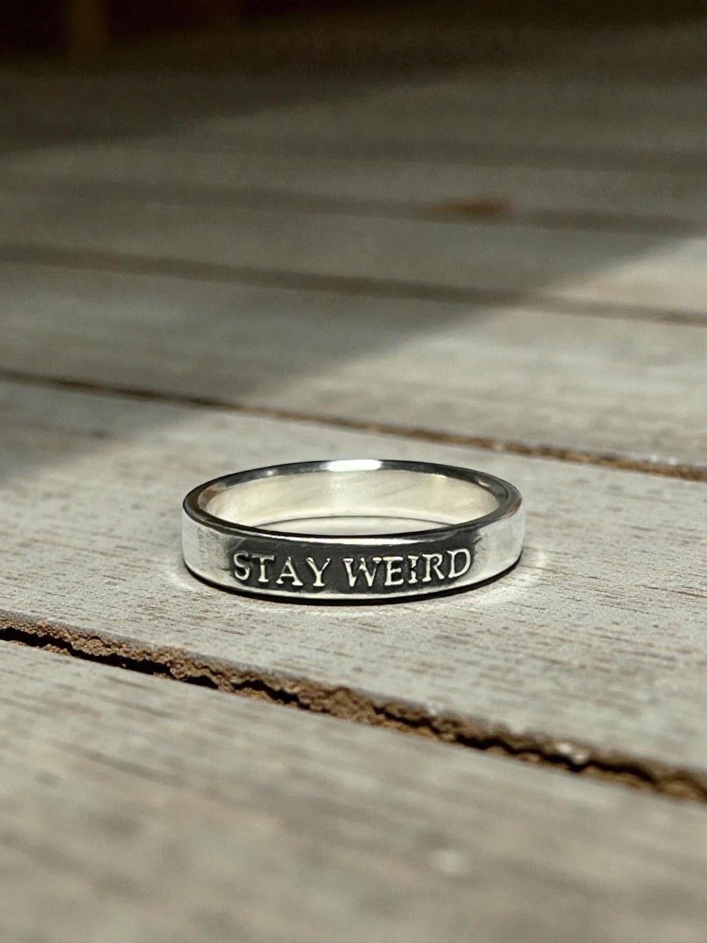 Stay Weird sterling silver ring, detail view 2