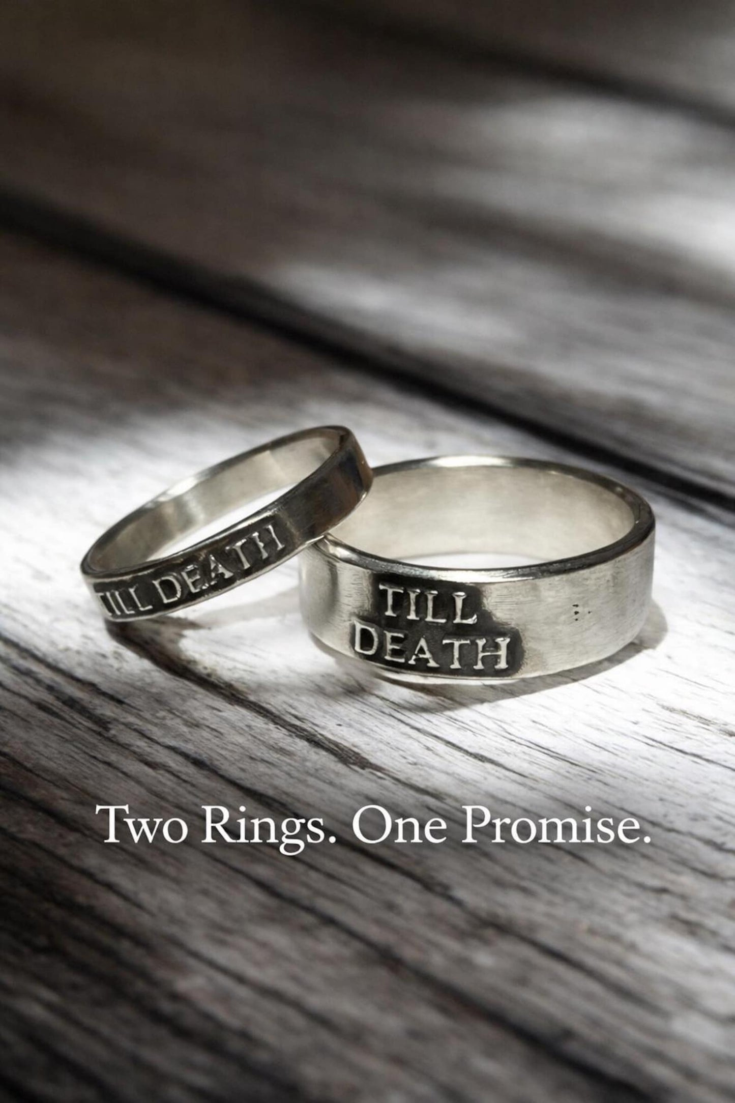 Till Death sterling silver couples rings with Two Rings One Promise message