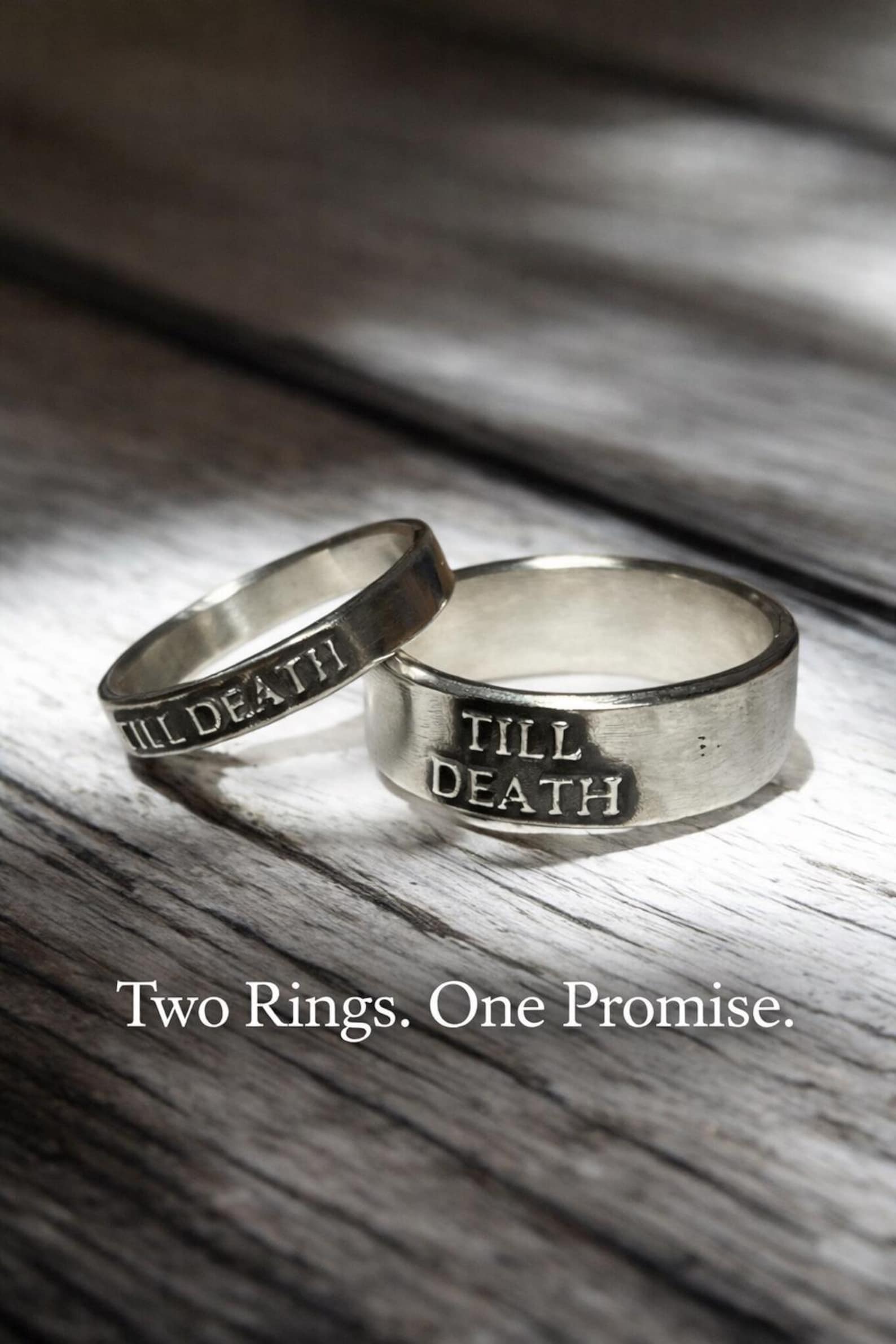 Till Death sterling silver couples rings with Two Rings One Promise message