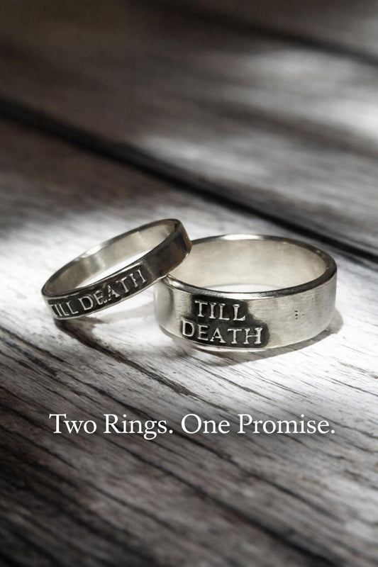Till Death sterling silver couples rings with Two Rings One Promise message