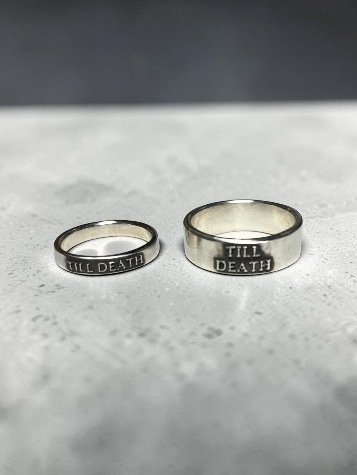 Wide and thin Till Death sterling silver matching rings