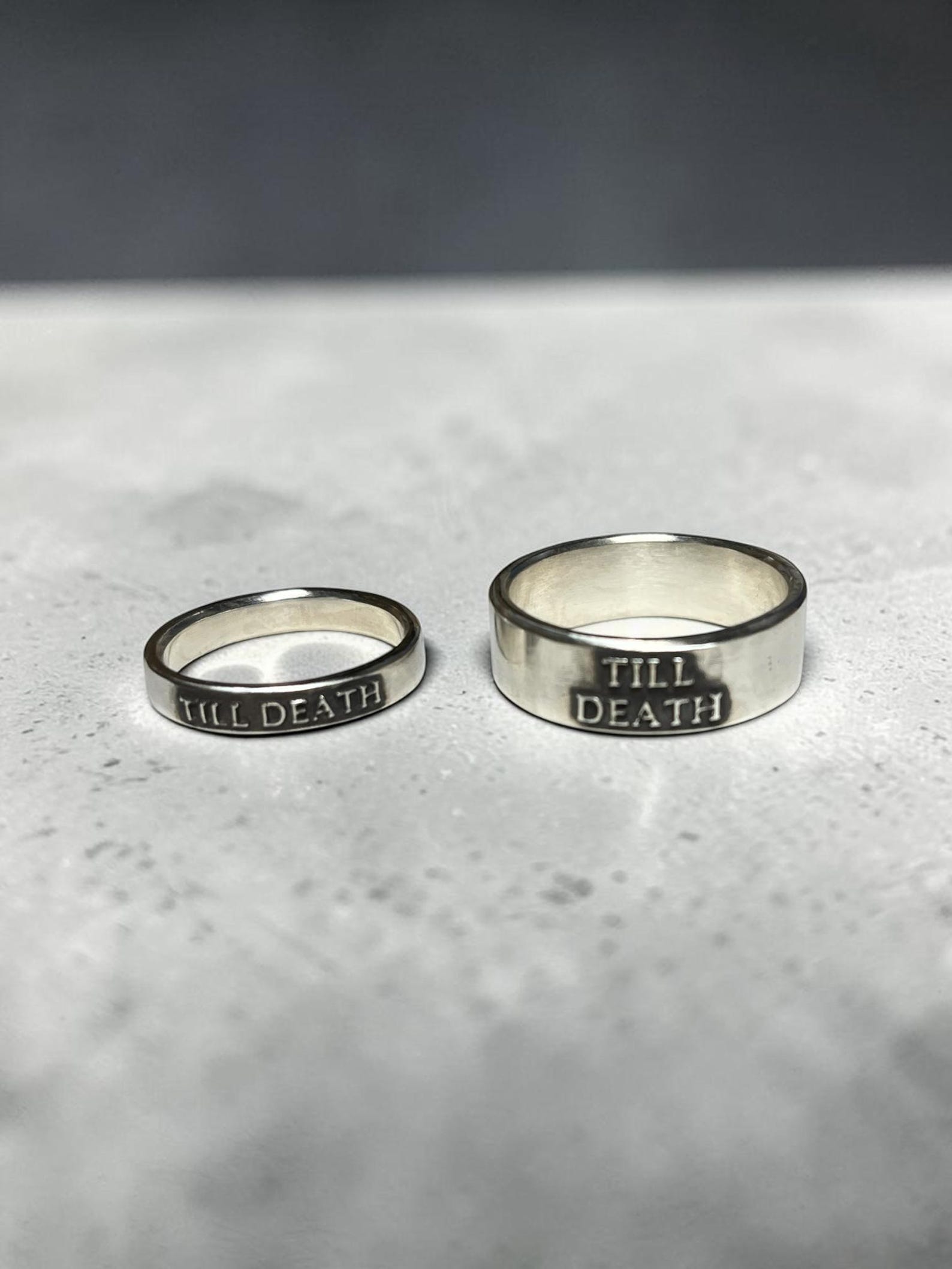 Wide and thin Till Death sterling silver matching rings