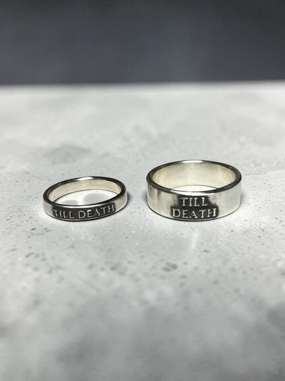 Wide and thin Till Death sterling silver matching rings