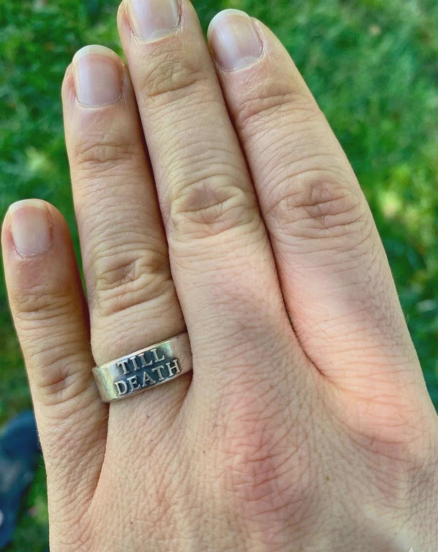Till Death wide sterling silver ring, detail view 4